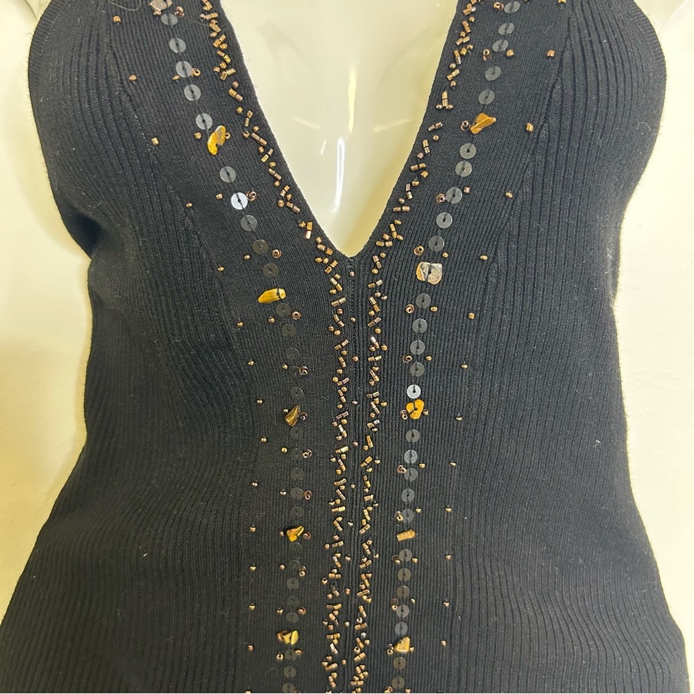 ◾️Vintage Y2K Papaya Halter Neck Embellished Ribbed V Neck Top - Picture 8 of 8
